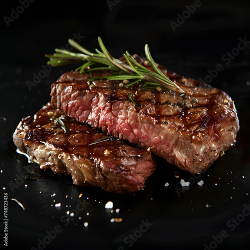 Grilled ribeye beef steak with rosemary and salt.