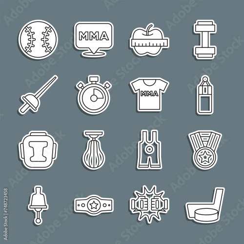 Set line Ice hockey stick and puck, Medal, Punching bag, Apple measuring tape, Stopwatch, Fencing, Baseball ball and T-shirt with fight club MMA icon. Vector
