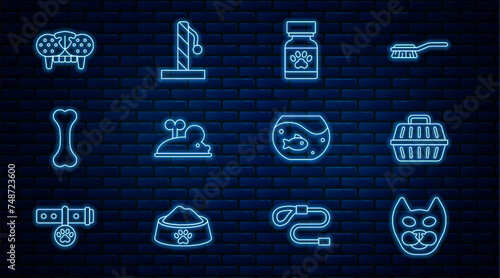Set line Cat, Pet carry case, Medicine bottle and pills, Clockwork mouse, Dog bone, tooth, Aquarium with fish and scratching post icon. Vector