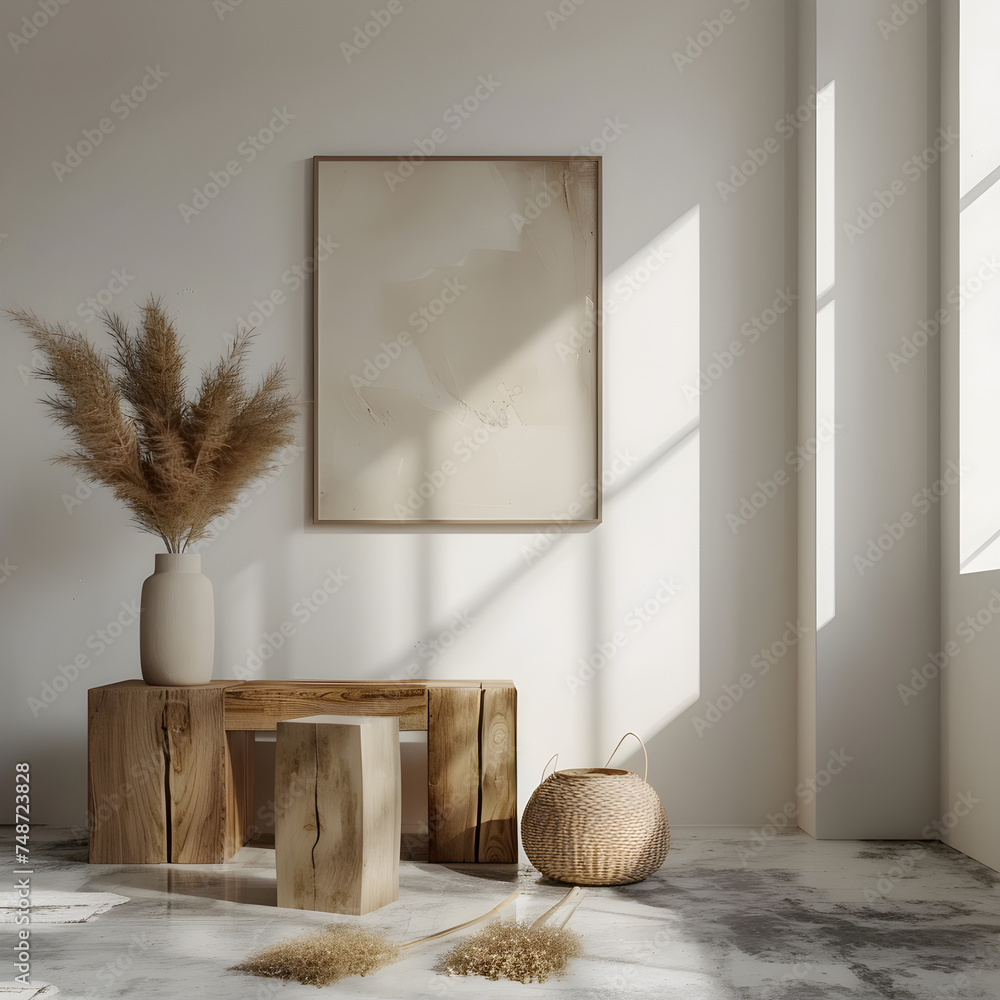 The stylish minimalist compostion at living room interior with design cozy, aesthetic and elegant personal accessories. Cozy home. Home decor. 3d The stylish minimalist compostion at living room interior with design cozy, aesthetic and elegant personal accessories. Cozy home. Home decor. 3d