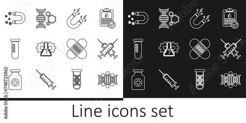 Set line Genetic engineering, Crossed syringe, Magnet with lightning, Bioengineering, Test tube or flask, money, bandage plaster and icon. Vector