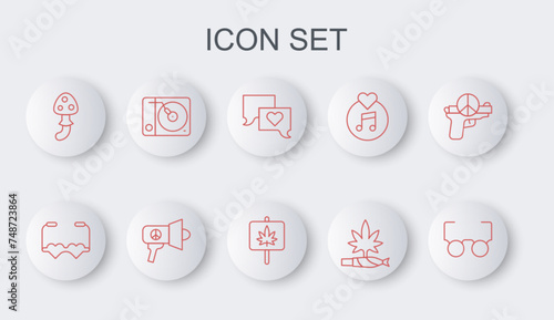 Set line Glasses, Heart shaped love glasses, Speech bubble chat, Marijuana joint, spliff, Psilocybin mushroom, Vinyl player, Megaphone and icon. Vector