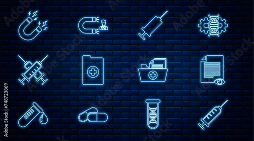 Set line Syringe, Paper page with eye, Clinical record, Crossed syringe, Magnet lightning, Health folder and Customer attracting icon. Vector