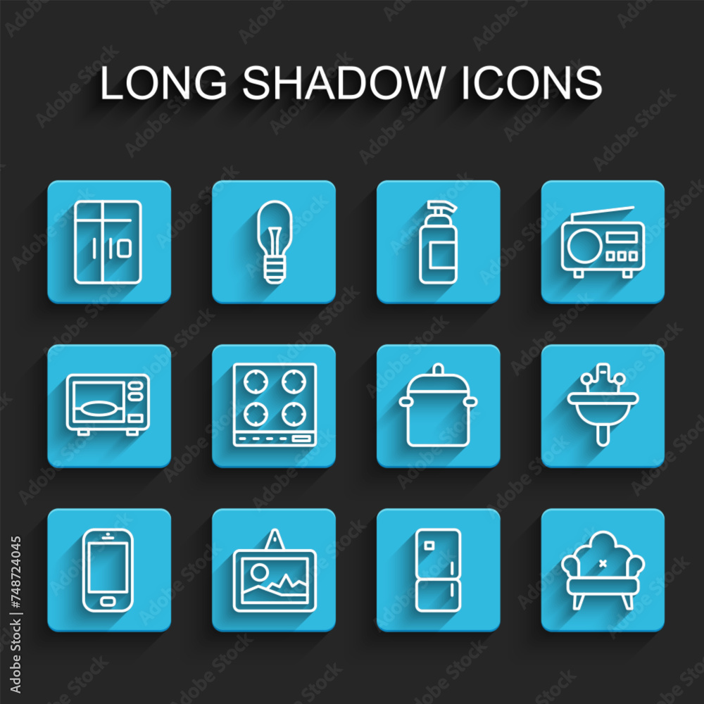 Set line Mobile phone, Picture, Refrigerator, Sofa, Gas stove, Washbasin and Cooking pot icon. Vector Set line Mobile phone, Picture, Refrigerator, Sofa, Gas stove, Washbasin and Cooking pot icon. Vector