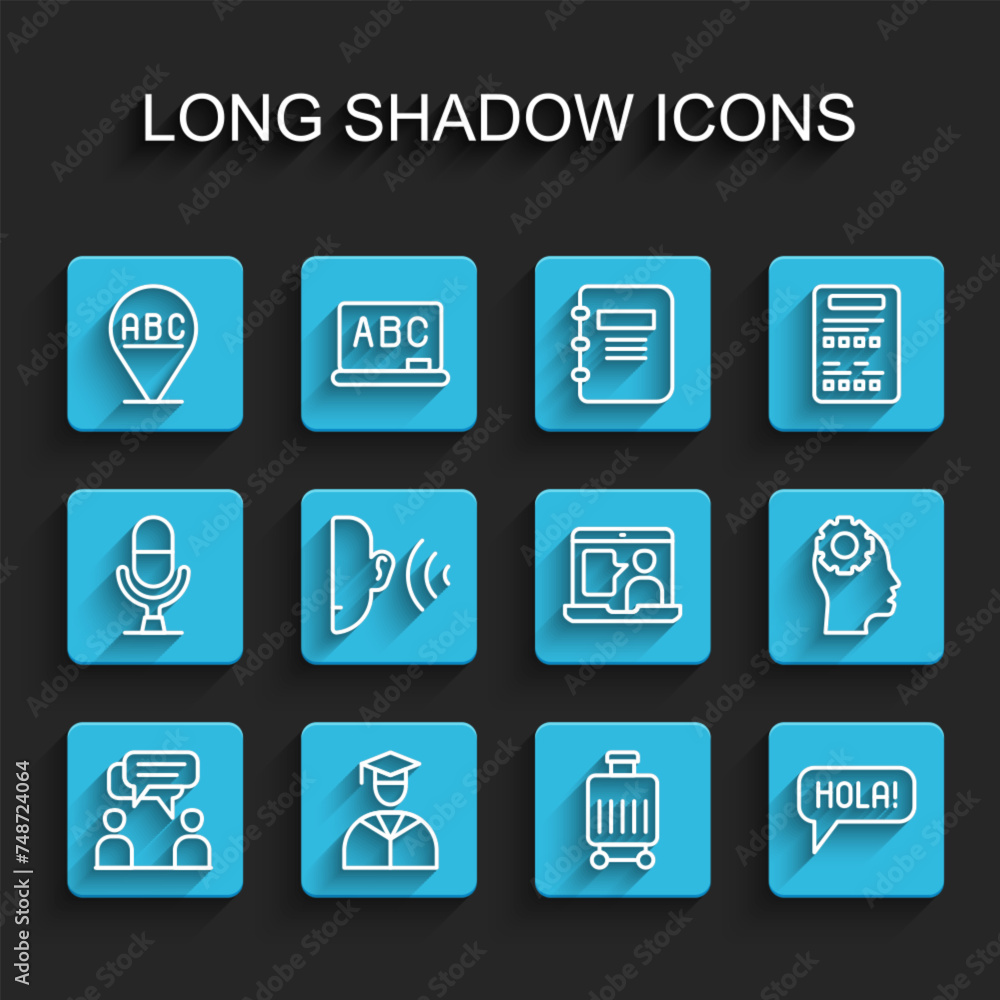 Set line Two sitting men talking, Graduate and graduation cap, Alphabet, Suitcase, Hola different languages, Ear listen sound signal, Head with gear inside and Foreign online study icon. Vector Set line Two sitting men talking, Graduate and graduation cap, Alphabet, Suitcase, Hola different languages, Ear listen sound signal, Head with gear inside and Foreign online study icon. Vector