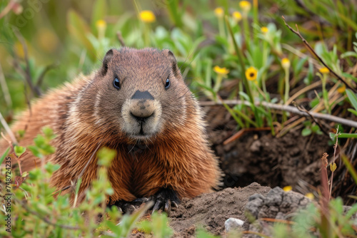 Adorable Kamchatka Groundhog with Fluffy Fur Sitting Near His Burrow