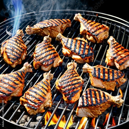 Juicy grilled chicken thighs are showcased against the backdrop of fiery barbecue coals. The vibrant fire underlines the dynamic process of grilling.