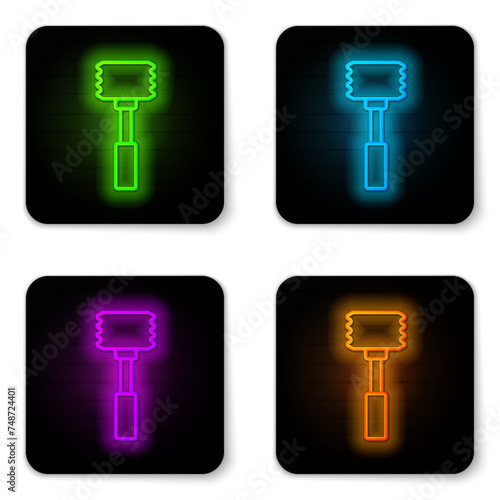 Glowing neon line Kitchen hammer icon isolated on white background. Meat hammer. Black square button. Vector