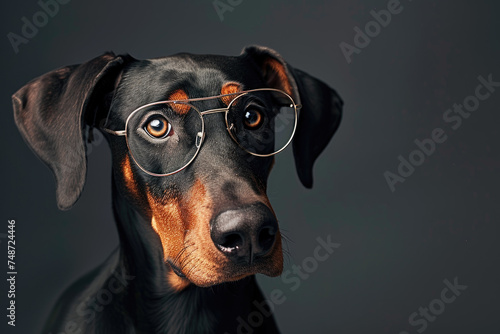 doberman dog pretending to be a circus actor by wearing eyeglasses and looking at the camera. © ebhanu