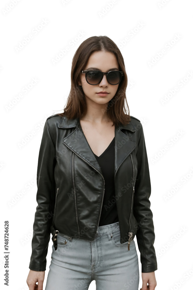 Cool woman wearing a leather jacket and sunglasses posing on a transparent background. isolated, no background. PNG. Cool woman wearing a leather jacket and sunglasses posing on a transparent background. isolated, no background. PNG.