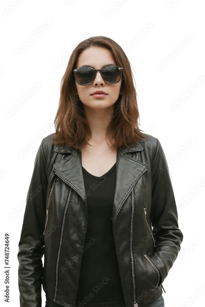 Cool woman wearing a leather jacket and sunglasses posing on a transparent background. isolated, no background. PNG.