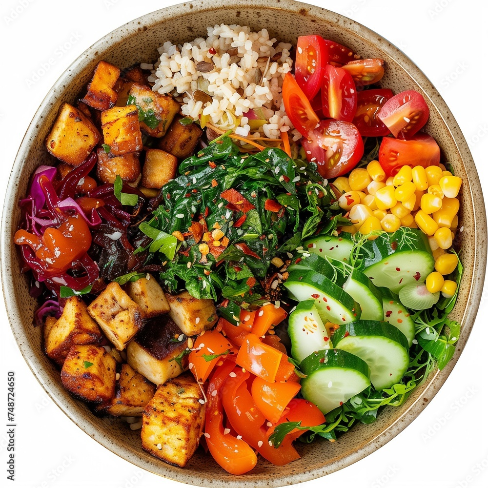 Buddha bowl filled with a variety of colorful and nutritious ingredients, protein, vegetables and carbohydrates.