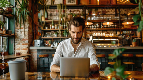 male freelancer works on a laptop in a cafe. Freelancing and remote work.