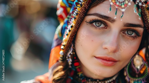 detailed closeup of a Turkish woman in traditional dress showcasing the beauty and intricacy of ethnic fashion and clothing