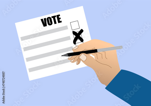 Hand with a pen marking on a paper ballot, voting and election concept