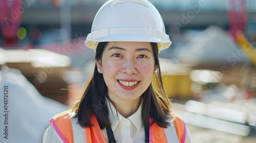 successful career development: portrait of female engineer standing confidently on construction site