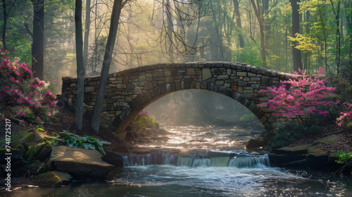 A man walks across a bridge surrounded by vibrant flowers in springtime in Greenville, SC.