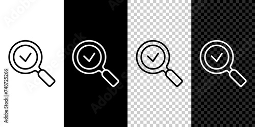 Set line Magnifying glass with check mark icon isolated on black and white, transparent background. Search, focus, zoom, business symbol. Vector
