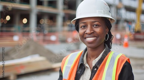 portrait of confident female engineer standing on construction site, smiling with leadership and empowerment