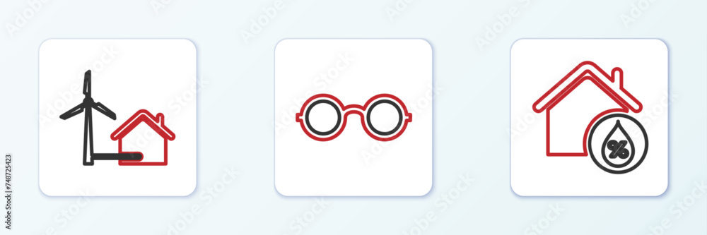 Set line House humidity, with wind turbine and Glasses icon. Vector Set line House humidity, with wind turbine and Glasses icon. Vector
