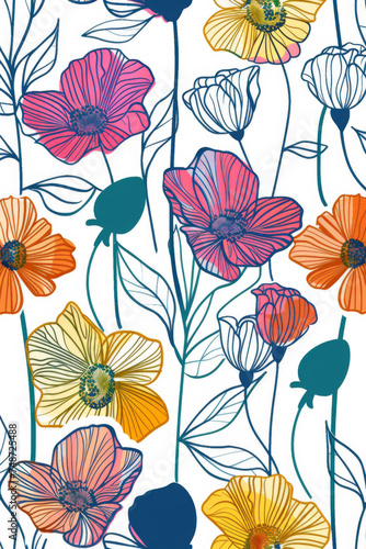 Pattern of delicate line art spring flowers.