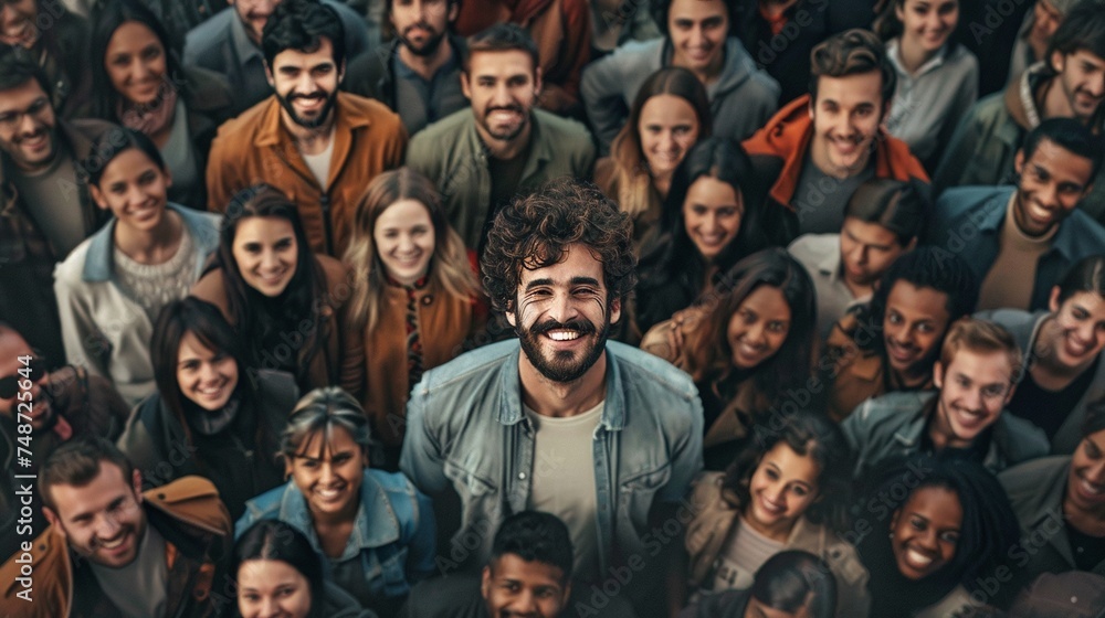 smiling man in large crowd, standing out from joyful gathering of people