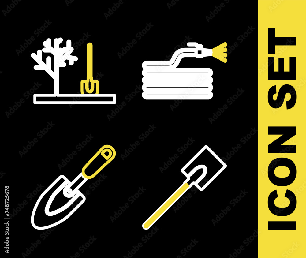 Set line Garden hose or fire hose, shovel, trowel spade and Planting tree in the ground icon. Vector Set line Garden hose or fire hose, shovel, trowel spade and Planting tree in the ground icon. Vector