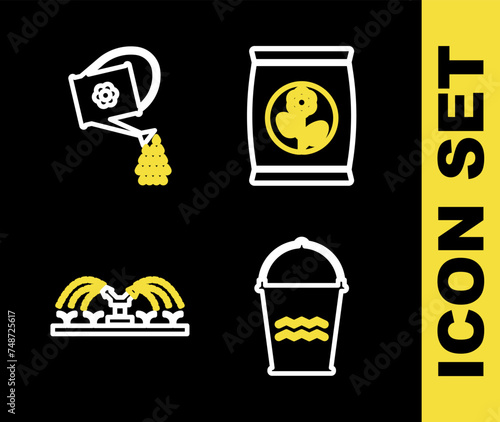 Set line Fertilizer bag, Bucket, Automatic irrigation sprinklers and Watering can icon. Vector