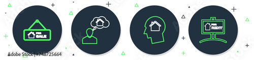 Set line Man dreaming about buying house, Hanging sign with For Sale and Rent icon. Vector