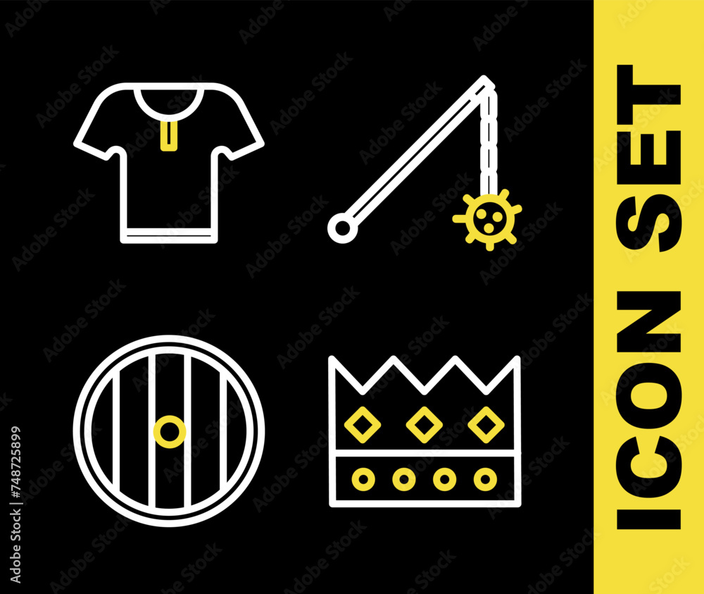 Set line Medieval chained mace ball, King crown, Round wooden shield and Body armor icon. Vector Set line Medieval chained mace ball, King crown, Round wooden shield and Body armor icon. Vector