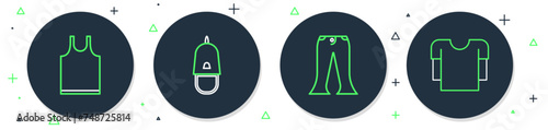 Set line Police cap with cockade, Pants, Sleeveless T-shirt and Long sleeve icon. Vector