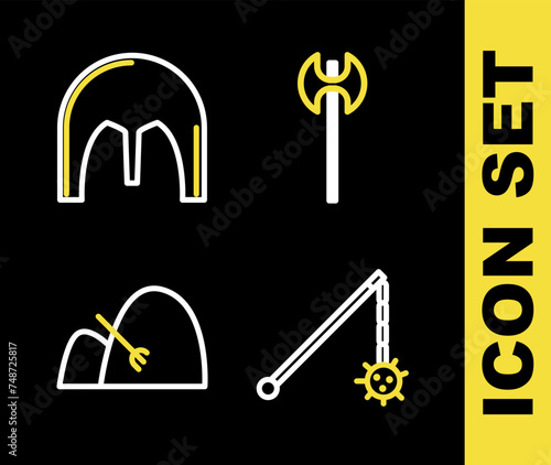 Set line Medieval axe, chained mace ball, Bale of hay and rake and iron helmet icon. Vector