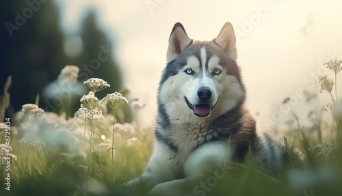 Husky dog walking in the meadow in summer at sunset
