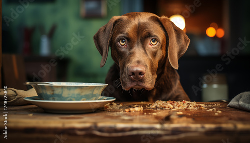 sad dog eats from a bowl. 