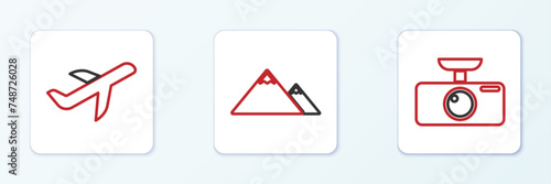 Set line Car DVR, Plane and Mountains icon. Vector