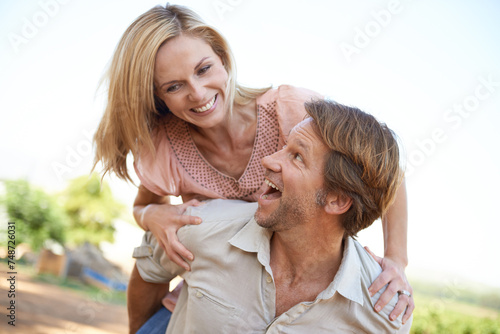 Obraz na plátně Couple, vacation and happy on wine farm, holiday and date with mature people and romance in summer