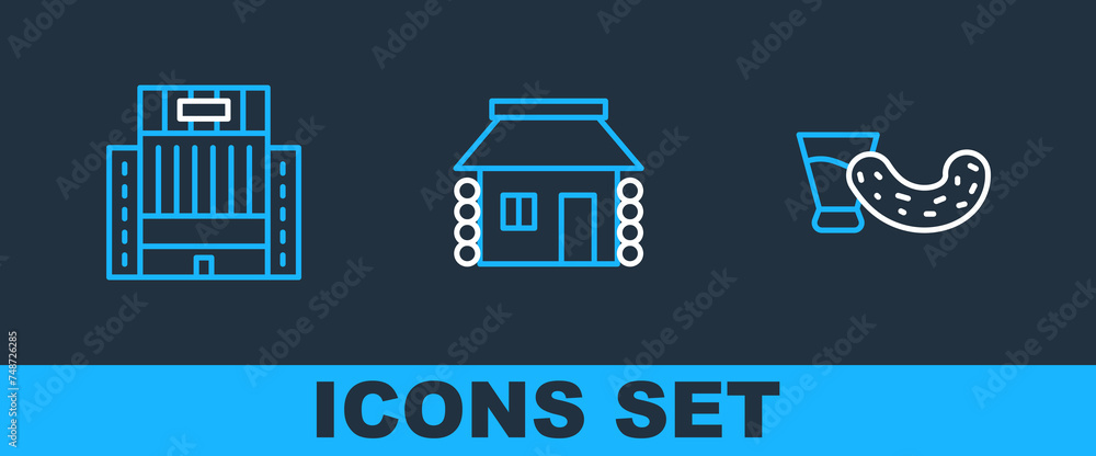 Set line Glass with vodka, Hotel Ukraina building and Ukrainian house icon. Vector Set line Glass with vodka, Hotel Ukraina building and Ukrainian house icon. Vector