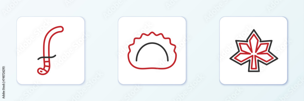 Set line Chestnut leaf, Medieval sword and Dumplings icon. Vector Set line Chestnut leaf, Medieval sword and Dumplings icon. Vector
