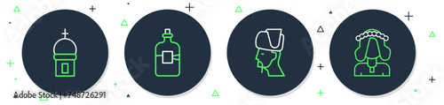 Set line Bottle of vodka, Ukrainian cossack, Church tower and woman icon. Vector