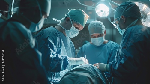plastic surgeons operating patient for breast implant, dedicated team of medical professionals in scrubs performing surgical procedure in advanced operating room photo