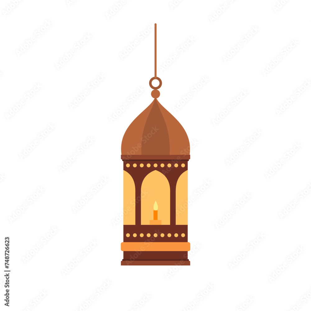 Obraz premium Traditional eastern lantern flat design vector illustration. Arabic muslim colorful hanging lamps, crescents and stars.