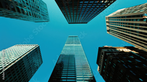 A view from below of skyscrapers and tall buildings in an urban cityscape  showcasing their height and architectural details against the sky
