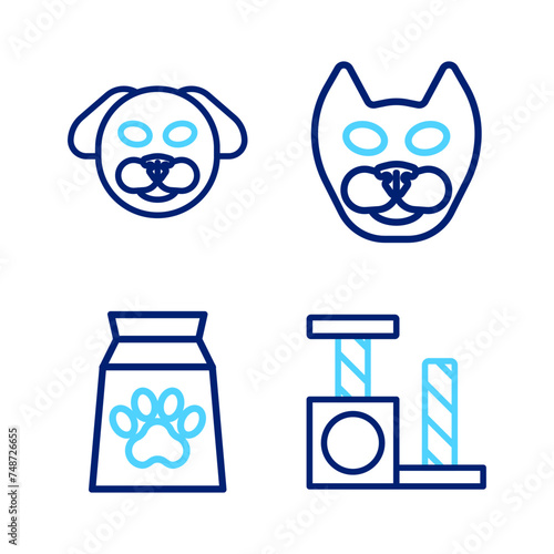 Set line Cat scratching post, Bag of food for pet, and Dog icon. Vector