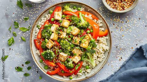 A bowl filled with a colorful combination of rice, broccoli, and tofu creating a nutritious and balanced meal