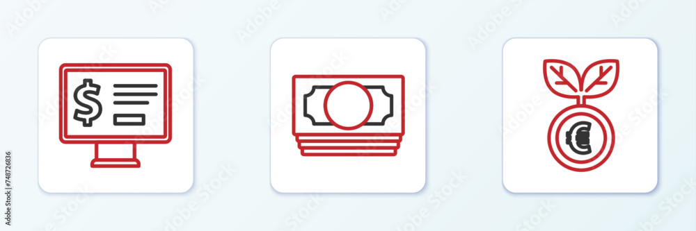 Set line Euro plant, Monitor with dollar and Stacks paper money cash icon. Vector Set line Euro plant, Monitor with dollar and Stacks paper money cash icon. Vector