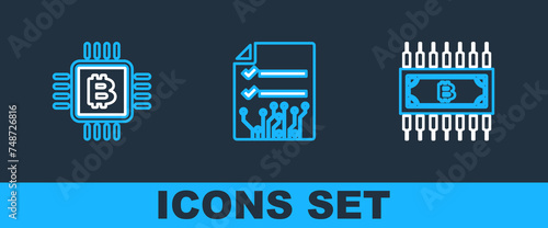 Set line Cryptocurrency bitcoin with circuit, CPU mining farm and Smart contract icon. Vector