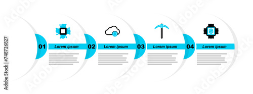 Set line Processor chip with dollar, Pickaxe, Cryptocurrency cloud mining and Brain as digital circuit board icon. Vector