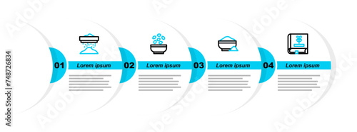 Set line Book about seeds, Flour bowl, Seeds in and Sifting flour icon. Vector