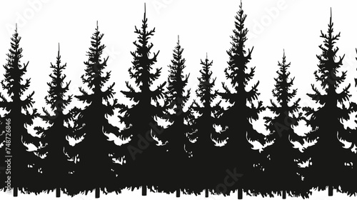 The dark outline of a forest's deciduous and coniferous fir trees vector silhouettes isolated in side view with a thick outline set  
