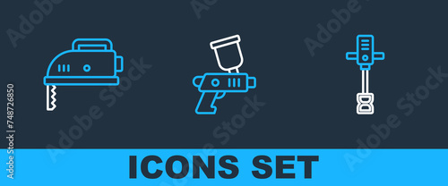 Set line Electrical hand concrete mixer, jigsaw and Paint spray gun icon. Vector